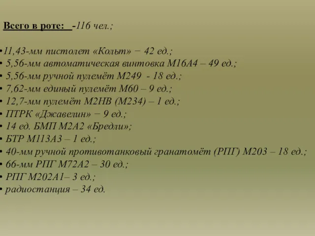 Всего в роте: -116 чел.; 11,43-мм пистолет «Кольт» − 42