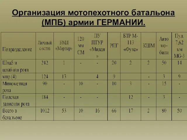 Организация мотопехотного батальона (МПБ) армии ГЕРМАНИИ.