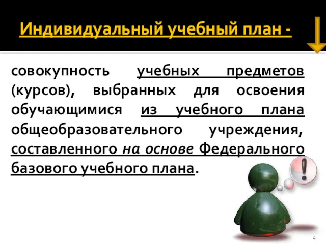 Индивидуальный учебный план - совокупность учебных предметов (курсов), выбранных для