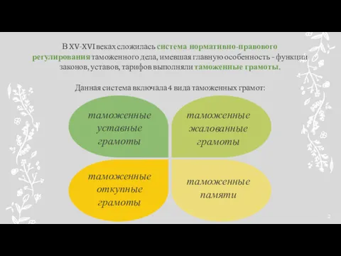 В XV-XVI веках сложилась система нормативно-правового регулирования таможенного дела, имевшая