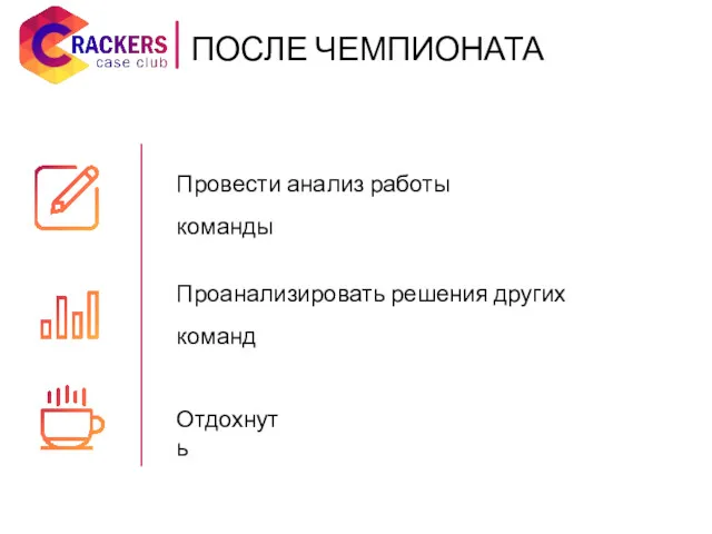 Провести анализ работы команды Проанализировать решения других команд Отдохнуть