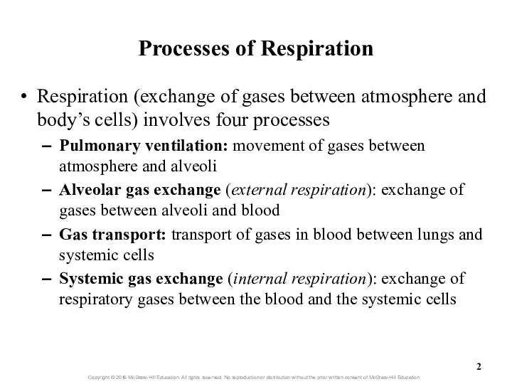 Processes of Respiration Respiration (exchange of gases between atmosphere and