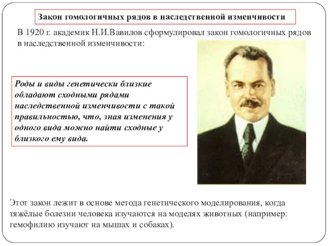 В 1920 г. академик Н.И.Вавилов сформулировал закон гомологичных рядов в