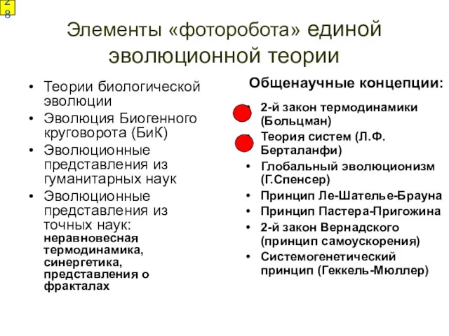 Элементы «фоторобота» единой эволюционной теории Теории биологической эволюции Эволюция Биогенного