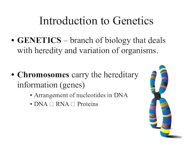 Introduction to Genetics GENETICS – branch of biology that deals