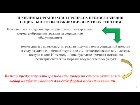 ПРОБЛЕМЫ ОРГАНИЗАЦИИ ПРОЦЕССА ПРЕДОСТАВЛЕНИЯ СОЦИАЛЬНОГО ОБСЛУЖИВАНИЯ И ПУТИ ИХ РЕШЕНИЯ Повсеместное внедрение преимущественно