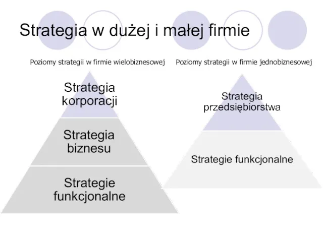 Strategia w dużej i małej firmie Poziomy strategii w firmie wielobiznesowej Poziomy strategii w firmie jednobiznesowej