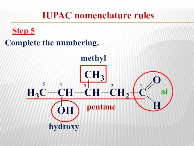 IUPAC nomenclature rules Step 5 Complete the numbering. pentane methyl