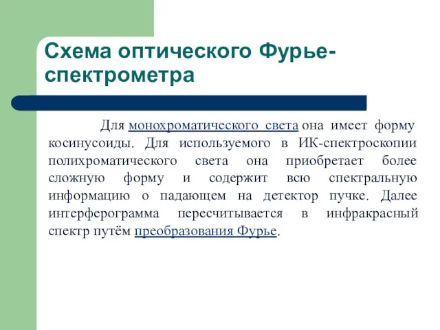 Схема оптического Фурье-спектрометра Для монохроматического света она имеет форму косинусоиды.