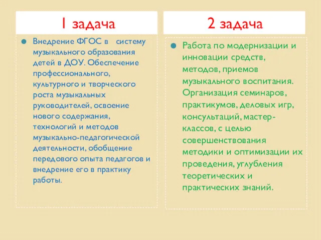 1 задача 2 задача Внедрение ФГОС в систему музыкального образования