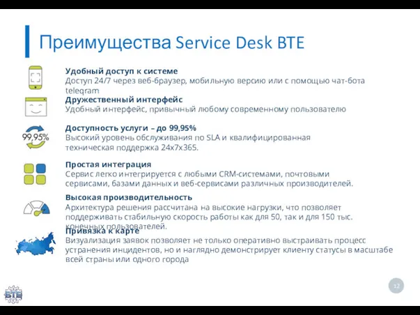 Преимущества Service Desk BTE Удобный доступ к системе Доступ 24/7