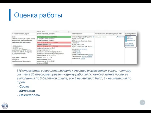 Оценка работы BTE стремится совершенствовать качество оказываемых услуг, поэтому система