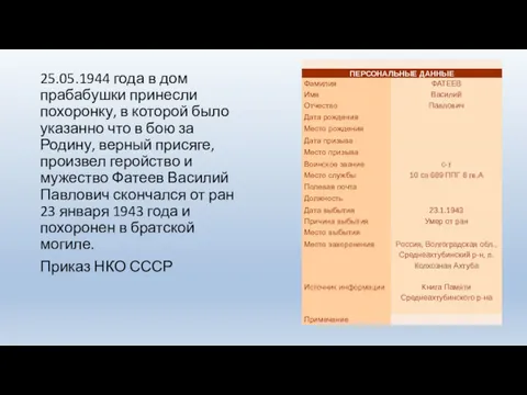 25.05.1944 года в дом прабабушки принесли похоронку, в которой было