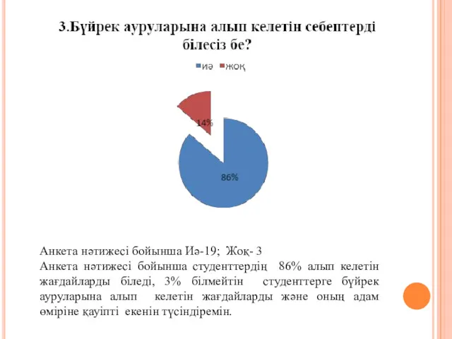 Анкета нәтижесі бойынша Иә-19; Жоқ- 3 Анкета нәтижесі бойынша студенттердің