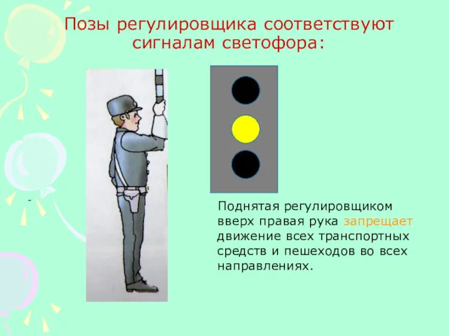 Позы регулировщика соответствуют сигналам светофора: - Поднятая регулировщиком вверх правая