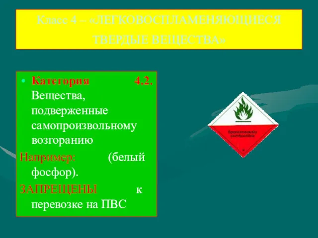 Класс 4 – «ЛЕГКОВОСПЛАМЕНЯЮЩИЕСЯ ТВЕРДЫЕ ВЕЩЕСТВА» Категория 4.2. Вещества, подверженные