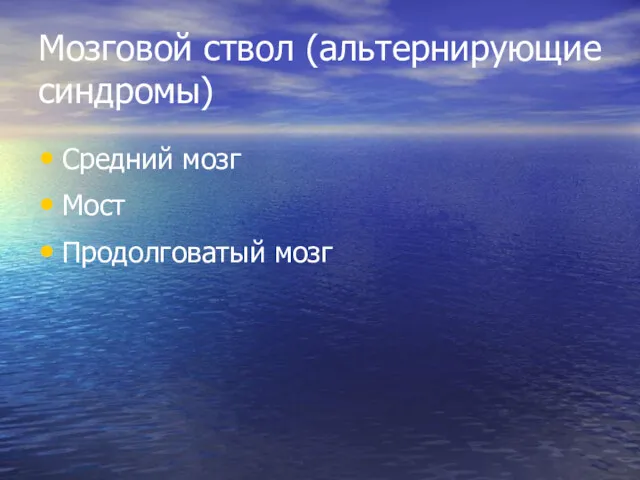 Мозговой ствол (альтернирующие синдромы) Средний мозг Мост Продолговатый мозг