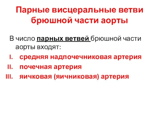 Парные висцеральные ветви брюшной части аорты В число парных ветвей