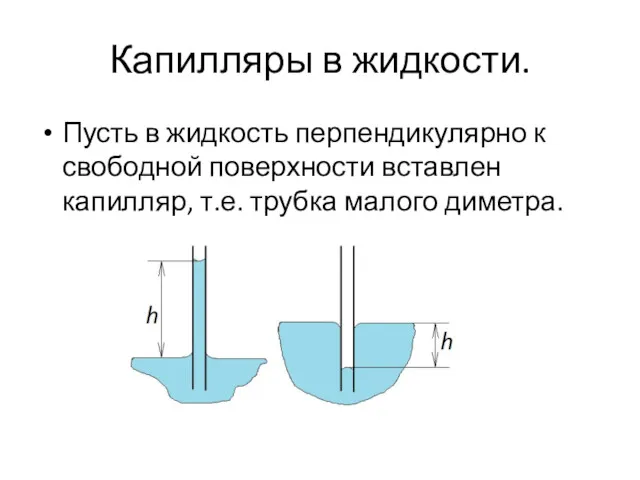 Капилляры в жидкости. Пусть в жидкость перпендикулярно к свободной поверхности вставлен капилляр, т.е. трубка малого диметра.