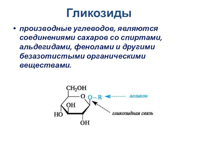 Гликозиды производные углеводов, являются соединениями сахаров со спиртами, альдегидами, фенолами и другими безазотистыми органическими веществами.