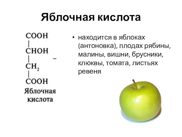 Яблочная кислота находится в яблоках (антоновка), плодах рябины, малины, вишни, брусники, клюквы, томата, листьях ревеня