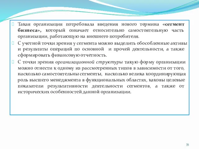 Такая организация потребовала введения нового термина «сегмент бизнеса», который означает