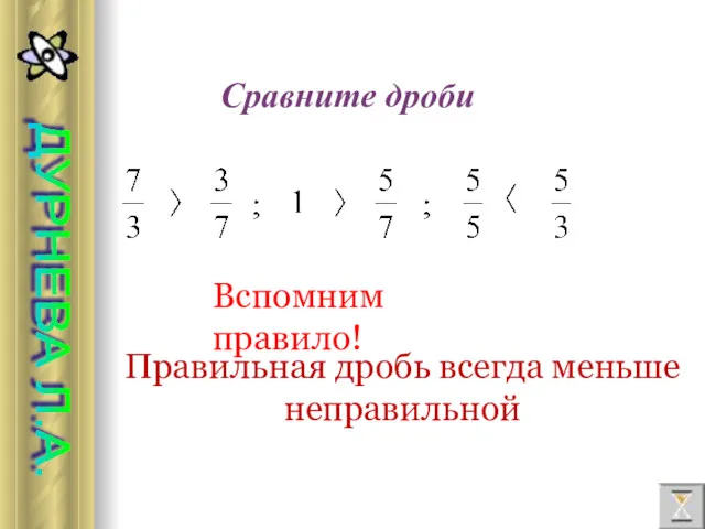 Сравните дроби Вспомним правило! Правильная дробь всегда меньше неправильной ДУРНЕВА Л.А.