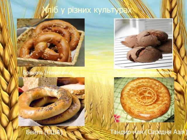 Хліб у різних культурах Брецель (Німеччина) Пумпернікель (Німеччина) Бейгл (США) Тандир-нан (Середня Азія)