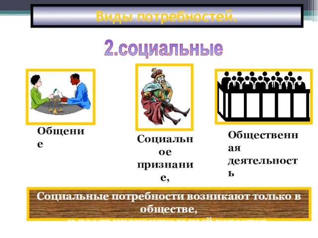 Виды потребностей. 2.социальные Социальные потребности возникают только в обществе, и носят индивидуальный характер.