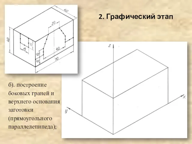 2. Графический этап б). построение боковых граней и верхнего основания заготовки (прямоугольного параллелепипеда);