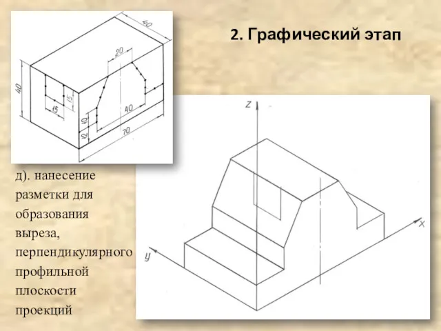 2. Графический этап д). нанесение разметки для образования выреза, перпендикулярного профильной плоскости проекций