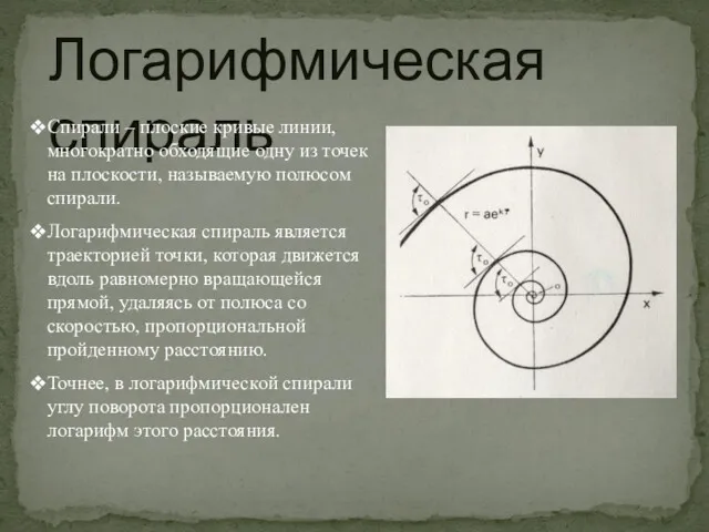 Логарифмическая спираль Спирали – плоские кривые линии, многократно обходящие одну из точек на