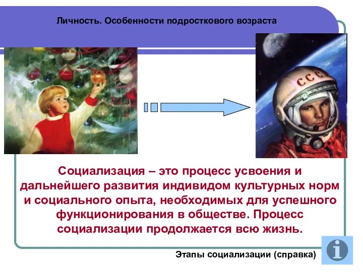 Личность. Особенности подросткового возраста Социализация – это процесс усвоения и