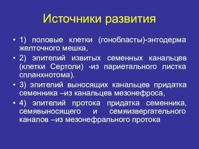 Источники развития 1) половые клетки (гонобласты)-энтодерма желточного мешка, 2) эпителий