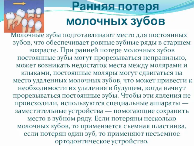 Ранняя потеря молочных зубов Молочные зубы подготавливают место для постоянных зубов, что обеспечивает