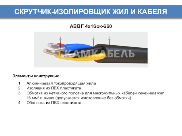 СКРУТЧИК-ИЗОЛИРОВЩИК ЖИЛ И КАБЕЛЯ АВВГ 4х16ок-660 Алюминиевая токопроводящая жила Изоляция