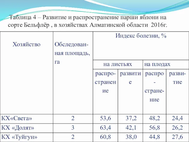 Таблица 4 – Развитие и распространение парши яблони на сорте