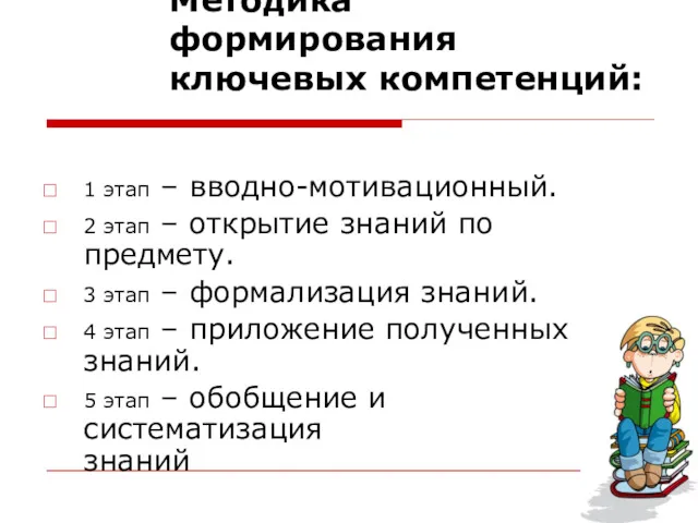 Методика формирования ключевых компетенций: 1 этап – вводно-мотивационный. 2 этап