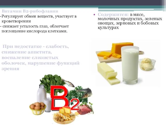 Содержится: в мясе, молочных продуктах, зеленых овощах, зерновых и бобовых