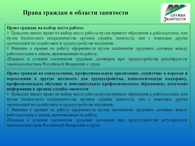 Право граждан на выбор места работы ◊ Граждане имеют право на выбор места