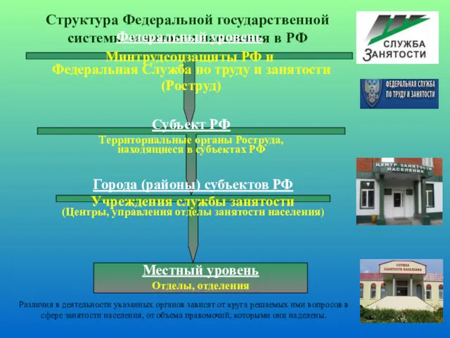 Структура Федеральной государственной системы занятости населения в РФ Федеральный уровень Минтрудсоцзащиты РФ и