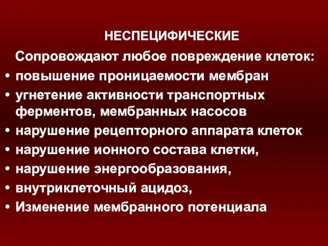 НЕСПЕЦИФИЧЕСКИЕ Сопровождают любое повреждение клеток: повышение проницаемости мембран угнетение активности