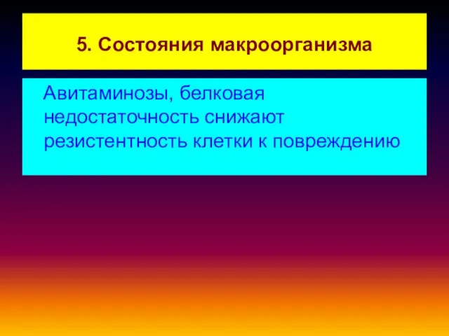 5. Состояния макроорганизма Авитаминозы, белковая недостаточность снижают резистентность клетки к повреждению