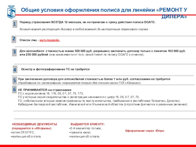 Общие условия оформления полиса для линейки «РЕМОНТ У ДИЛЕРА» Период