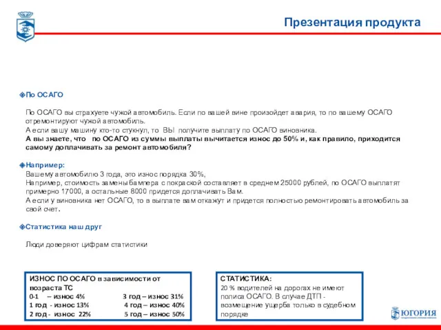 Презентация продукта По ОСАГО По ОСАГО вы страхуете чужой автомобиль.