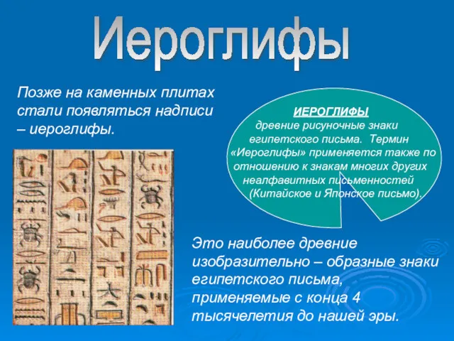 Иероглифы Позже на каменных плитах стали появляться надписи – иероглифы.