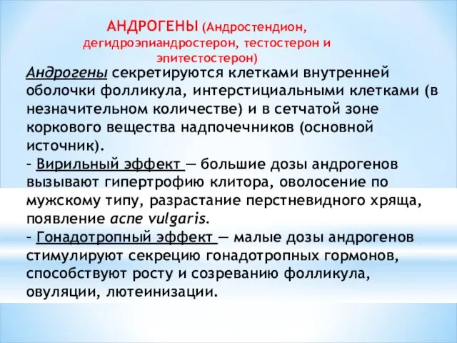 АНДРОГЕНЫ (Андростендион, дегидроэпиандростерон, тестостерон и эпитестостерон) Андрогены секретируются клетками внутренней оболочки фолликула, интерстициальными