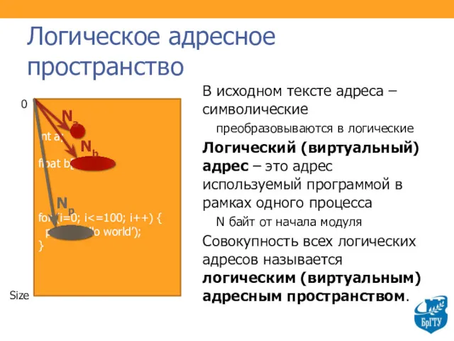 Логическое адресное пространство В исходном тексте адреса – символические преобразовываются