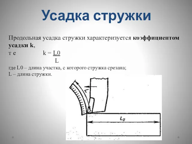 Усадка стружки Продольная усадка стружки характеризуется коэффициентом усадки k, т