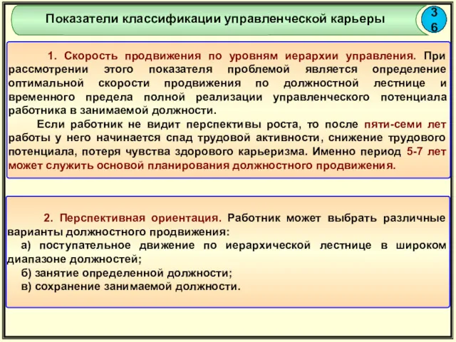 36 Показатели классификации управленческой карьеры 1. Скорость продвижения по уровням